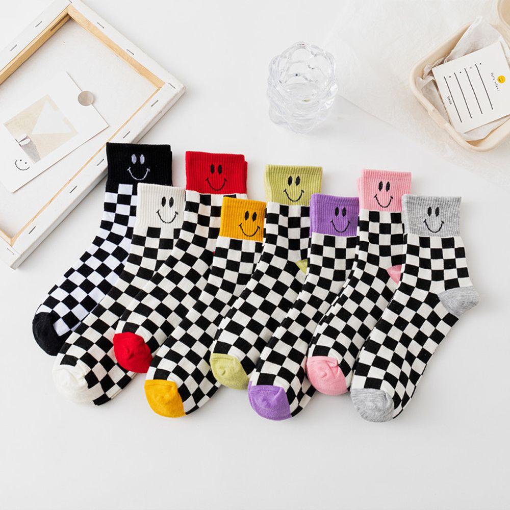Vớ Cotton Thu Đông Kẻ Sọc Caro Hình Mặt Cười Phong Cách Harajuku Ngọt Ngào Cho Nữ