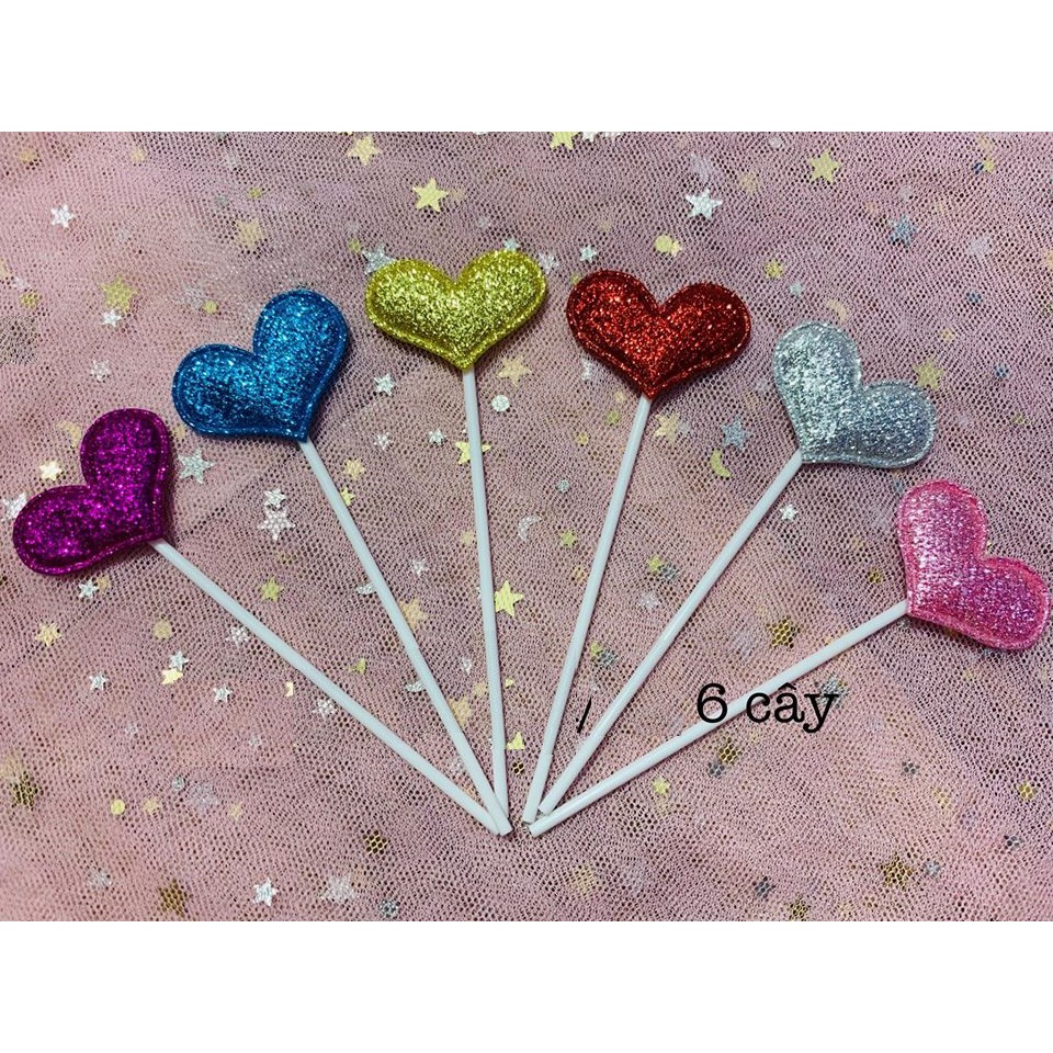 Set 6 que cắm tim nhũ dùng để trang trí bánh sinh nhật