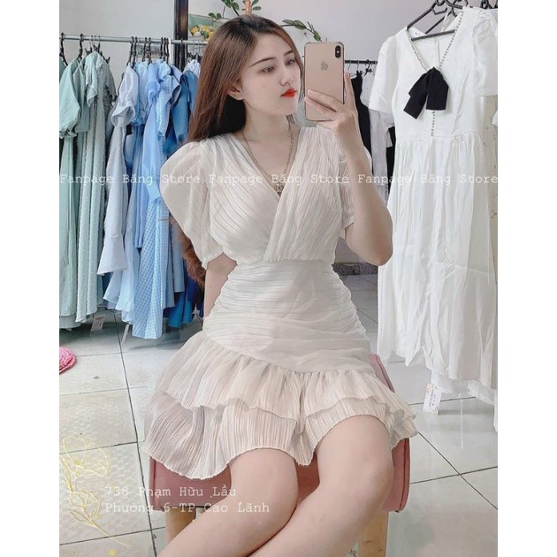 Đầm Dự Tiệc Nữ Trắng Váy Cổ V Đắp Chéo Tay Bồng Đuôi Tầng Bèo Siêu Sang Chất Cực Đẹp
