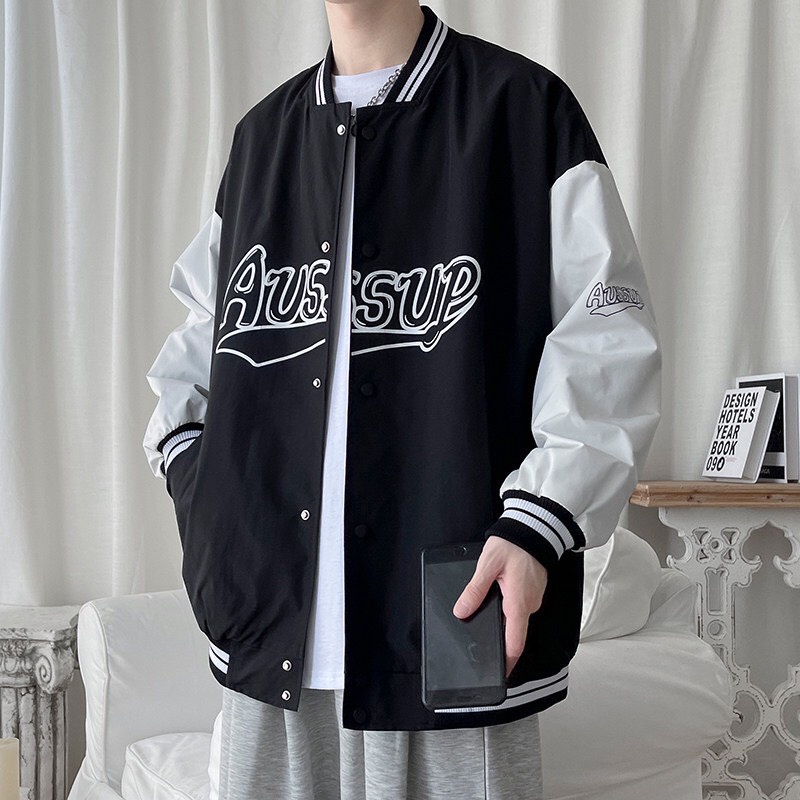 Áo Khoác Bomber Jacket Dù 2 Lớp AUSSUP Varsity Form Rộng Nam Nữ Unisex Phong Cách Hàn Quốc Ulzzang