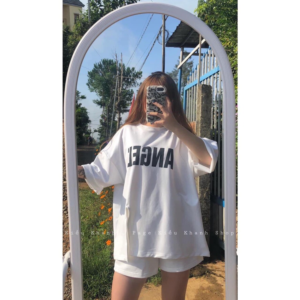 Sét đồ nữ mặc nhà ANGEL áo thun tay lỡ xẻ tà kèm quần short đùi dáng rộng thể thao basic