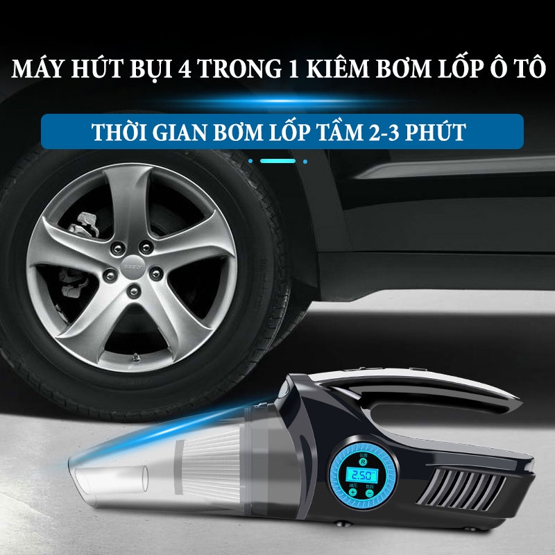 Máy Hút Bụi Ô Tô Cầm Tay Mini 4 Trong 1 - Công Xuất 120W Kiêm Bơm Lốp Xe Ô Tô,Xe Máy,Có Đèn Pin Chiếu Sáng Tiện Lợi Ver4
