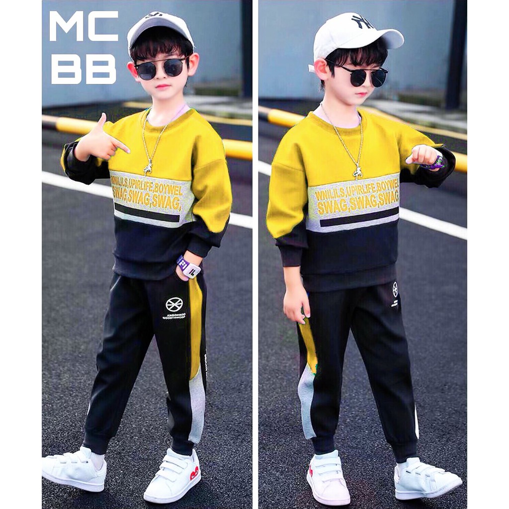 MCBB - Size Vừa 24-48Kg Đồ Bộ Bé Trai & Ba Cotton Áo Thun Bé Trai Sweater Quần Dài Swag Bộ Quần Áo Bé Trai 1-16 Tuổi Nam