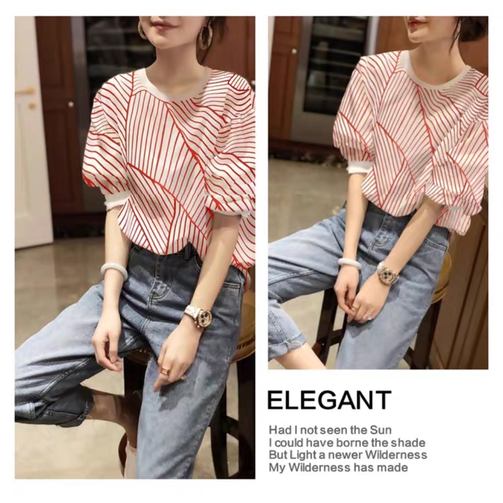 Áo Sơ Mi Mỏng Tay Ngắn Phồng Dáng Rộng Họa Tiết Kẻ Sọc Màu Đỏ Thời Trang Mùa Hè Hàng Mới Dành Cho Bạn Nữ
