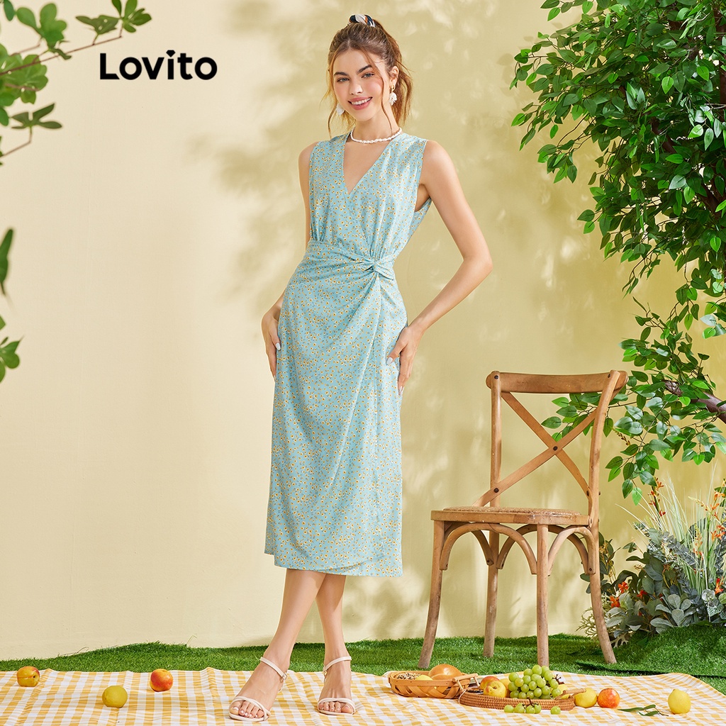 Đầm LOVITO Free Nature cổ chữ V họa tiết hoa thời trang thường ngày L28EE027 (màu xanh dương)