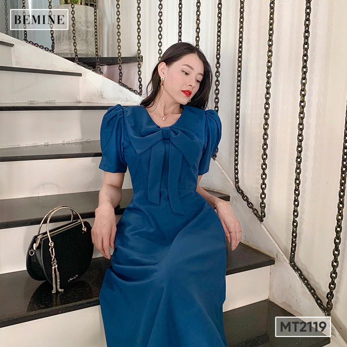 Đầm suông cổ nơ tay xếp li BEMINE MT2119XANH