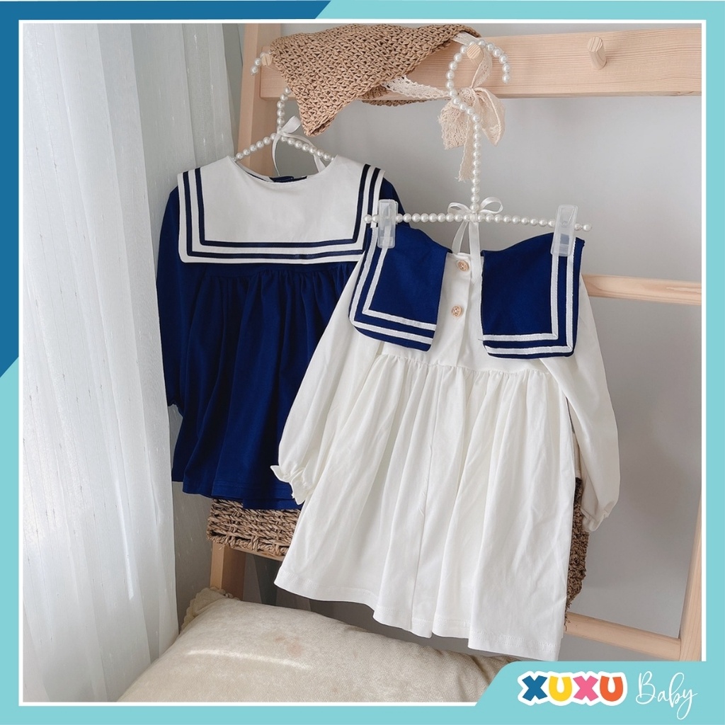Váy bé gái dáng babydoll thuỷ thủ dài tay