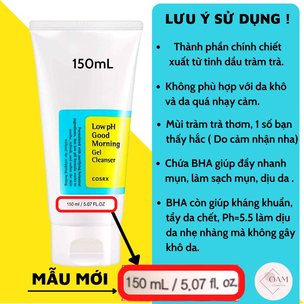 Sữa Rửa Mặt Cosrx Low PH Good Morning Gel Cleanser, SRM COSRX Dạng Gel Chiết Từ Dầu Cây Trà - free s