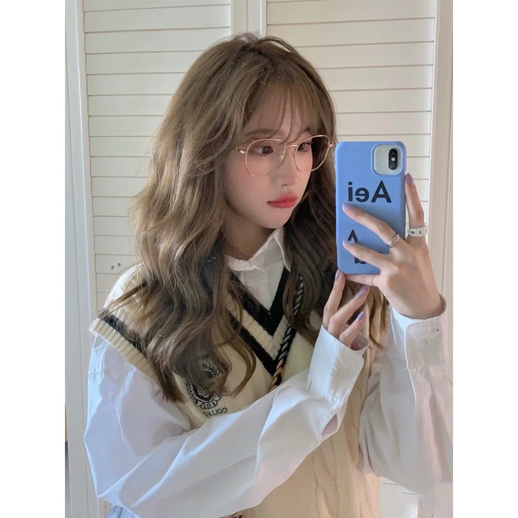 COZOK Set áo len không tay + áo sơ mi tay dài dáng rộng phong cách thời trang hàn quốc