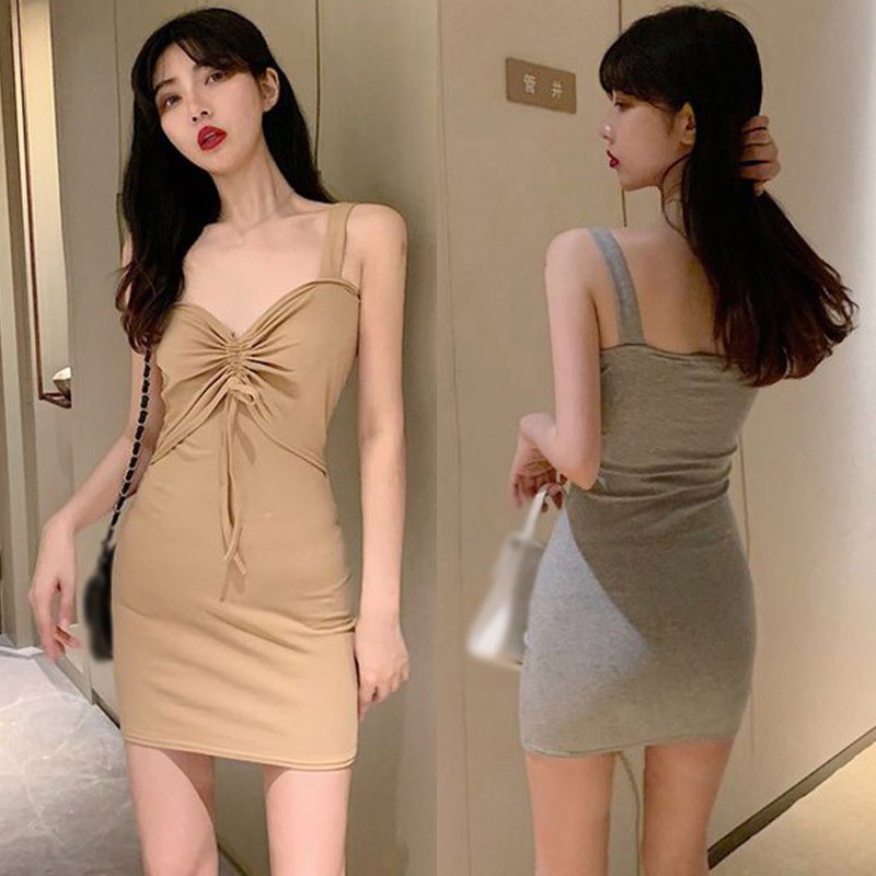 Đầm Không Tay Cổ Chữ V Màu Trơn Thiết Kế Ôm Sát Tôn Dáng
