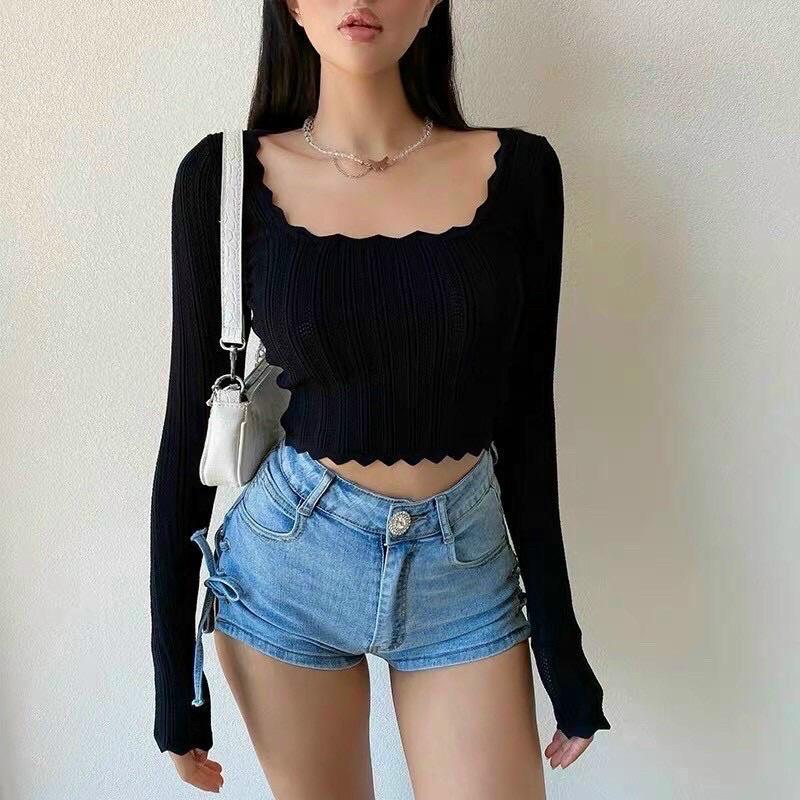 Áo thun gân len cổ V viền bèo tiểu thư NY alohashop91