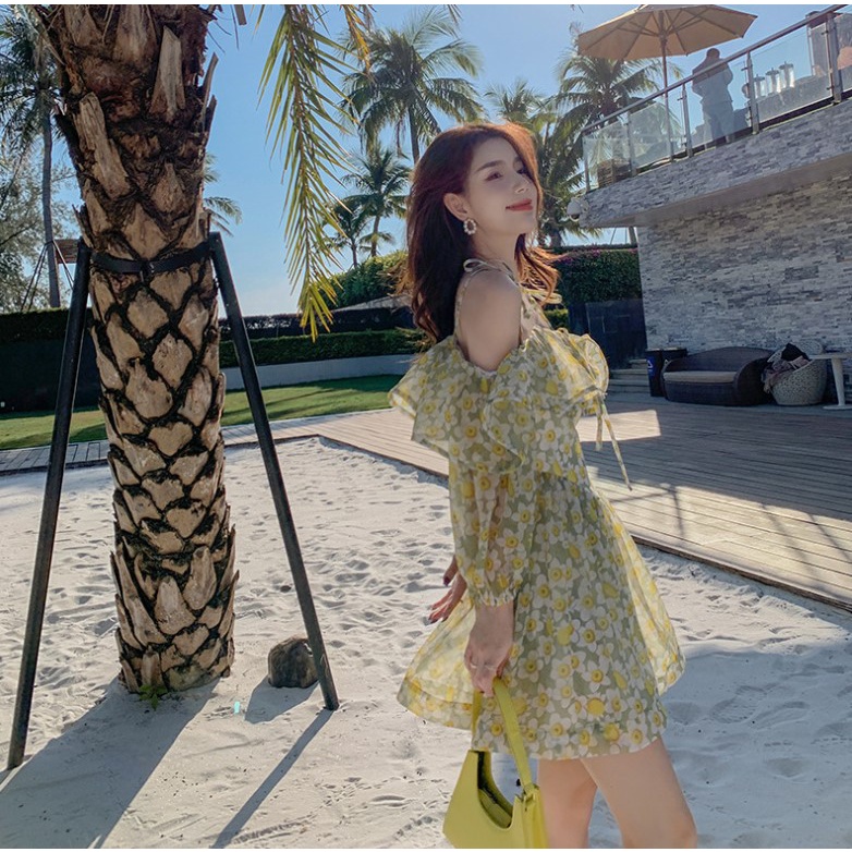 Sẵn - Đầm Hoa Nhí | Đầm Hoa Nhí Nữ Dáng Ngắn Xòe 2 Lớp Trễ Vai Sexy Thời Trang Ulzzang Hàn Quốc