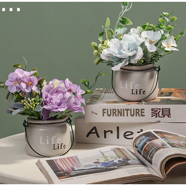 Chậu hoa giả cắm sẵn gồm chậu và hoa, bình hoa nhân tạo nhiều màu trang trí decor nhà cửa, trưng bày quà tặng