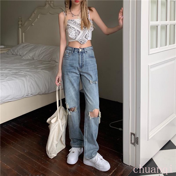 Quần Jeans Dài Lưng Cao Dáng Rộng Thiết Kế Rách Phong Cách Retro Thời Trang Mùa Hè Mới Cho Nữ