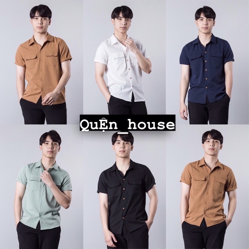 áo sơ mi nam đẹp hàn quốc công sở ngắn tay màu trắng đen than nâu vải đũi có túi cổ bẻ mẫu mới 2021