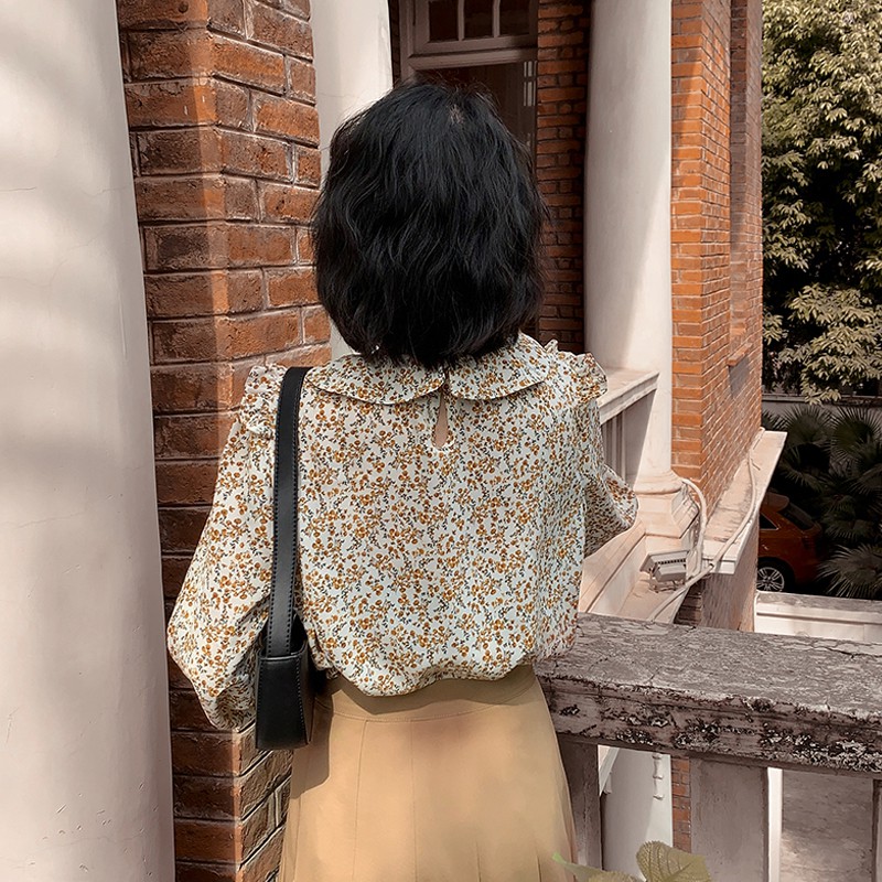 Áo Kiểu voan hoa nhí nữ Cổ búp bê Bánh bèo Dài tay Form rộng Tay bồng Ulzzang Hàn Quốc Áo Voan kiểu Tay dài
