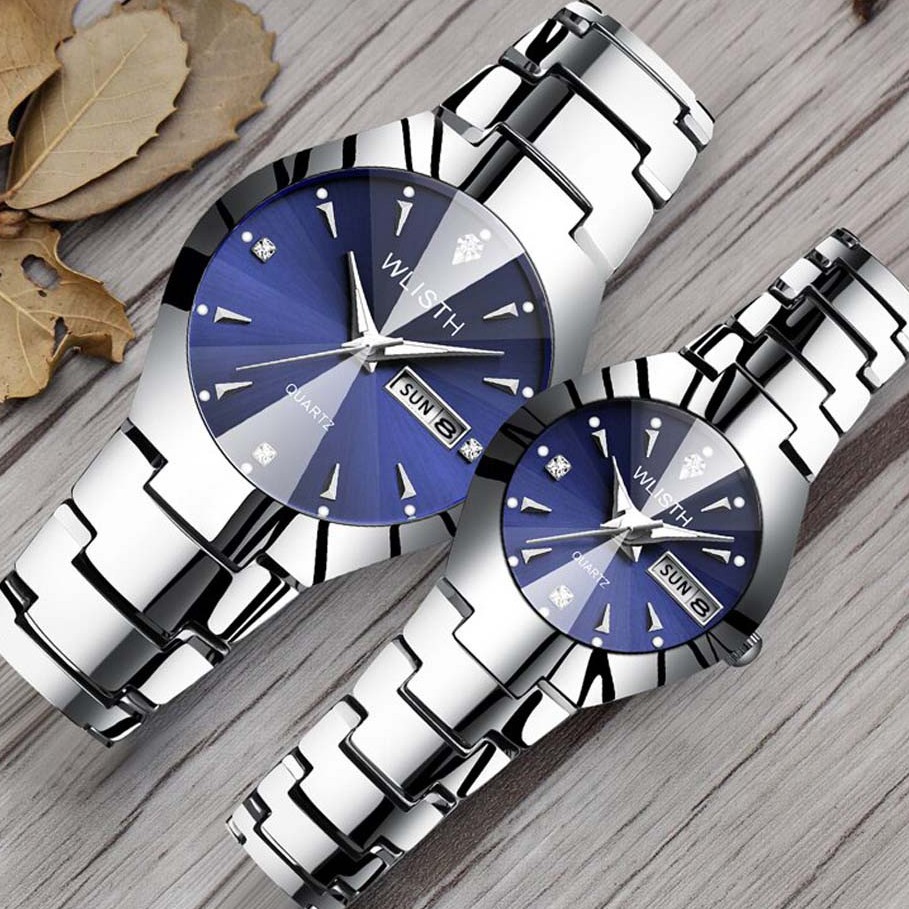 Đồng hồ cặp nam nữ Wlisth WLC04 mặt xanh cực đẹp, dây thép bền màu chống nước tốt (tặng tháo mắc)