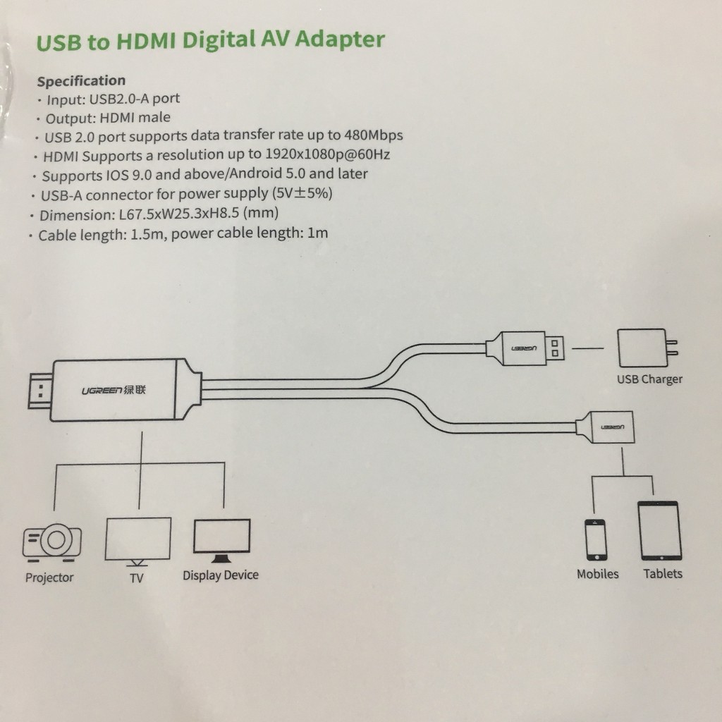 Bộ chuyển đổi đa năng USB to HDMI Ugreen, Kết nối điện thoại ra màn hình TV, máy chiếu