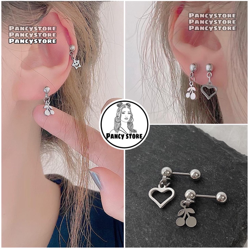bông tai khuyên tai titan trái tim và cherry Unisex