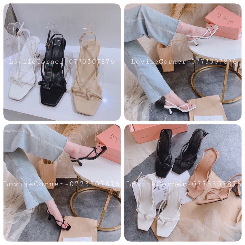 LOVIIECORNER - GIÀY SANDAL NỮ CAO GÓT THỜI TRANG XỎ NGÓN HÂU SAU QUAI GÀI ĐẾ NHỌN 5CM 3 MÀU ĐEN KEM TRẮNG LOVIIE G200957