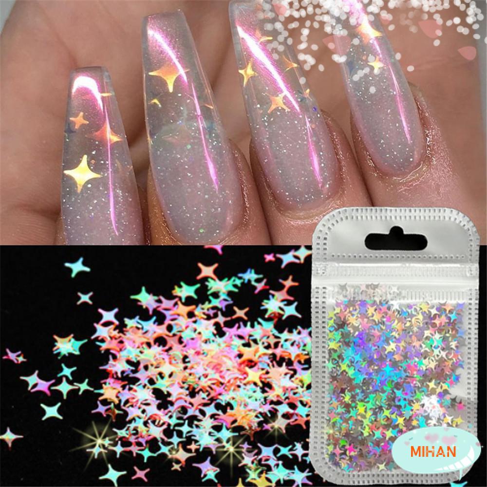 [Hàng mới về] Kim sa kim tuyến laser vụn 3D hình ngôi sao bốn cánh ánh ba chiều trang trí móng DIY
