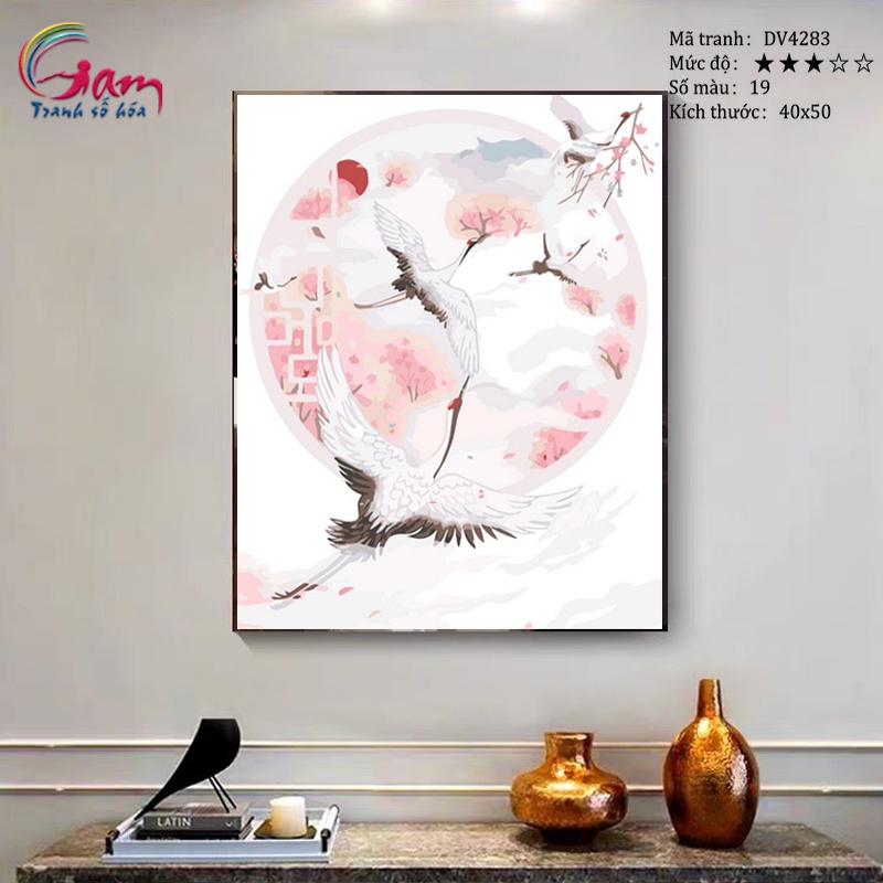 Tranh tô màu theo số đôi chim hạc trắng có sẵn đã căng khung 40x50cm DV4283