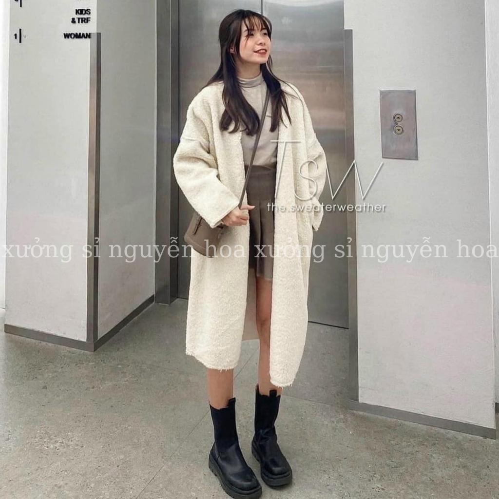 áo khoác lông cừu cardigan dáng dài mặc mùa đông siêu ấm 2  màu trắng nâu đẹp chuẩn ảnh phong cách hàn quốc | BigBuy360 - bigbuy360.vn