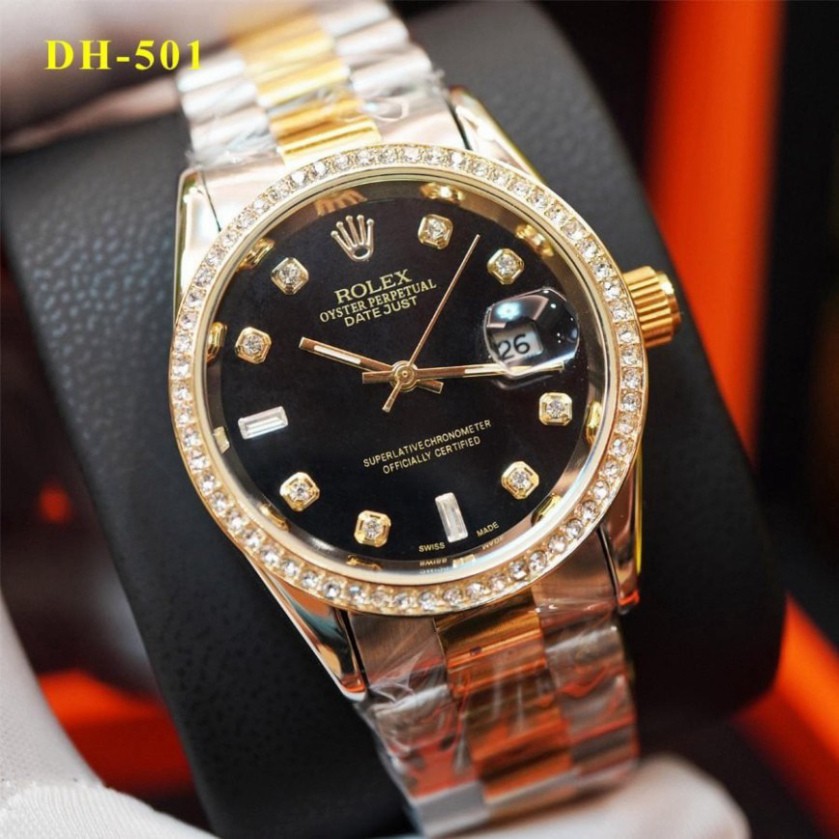 Đồng hồ Rolex dây thép đúc - viền đá dây kim loại chống nước thiết kế tinh sảo đủ màu
