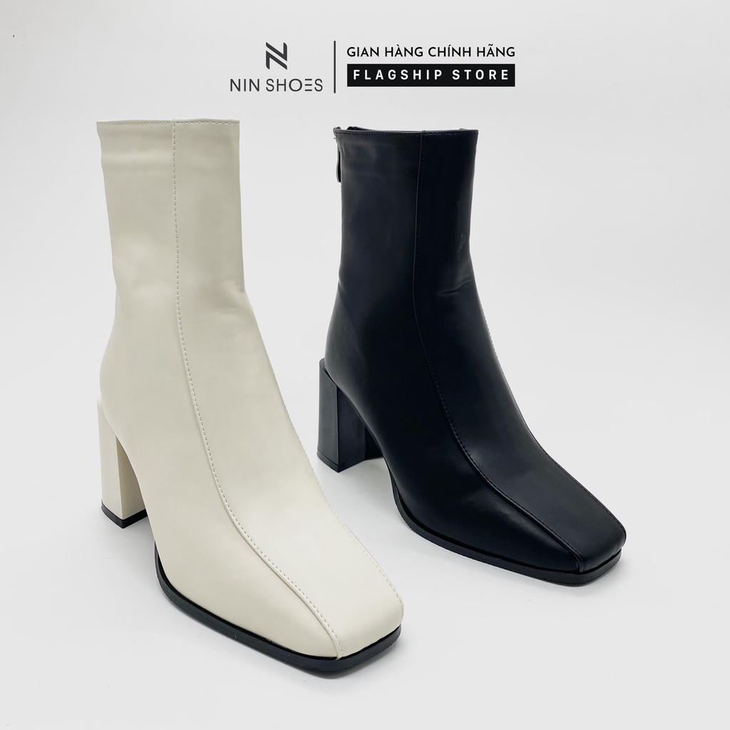 Giày boot nữ cao 7p QCCC gót vuông 2 chỉ giữa kéo khóa sau cao cổ Ninshoes