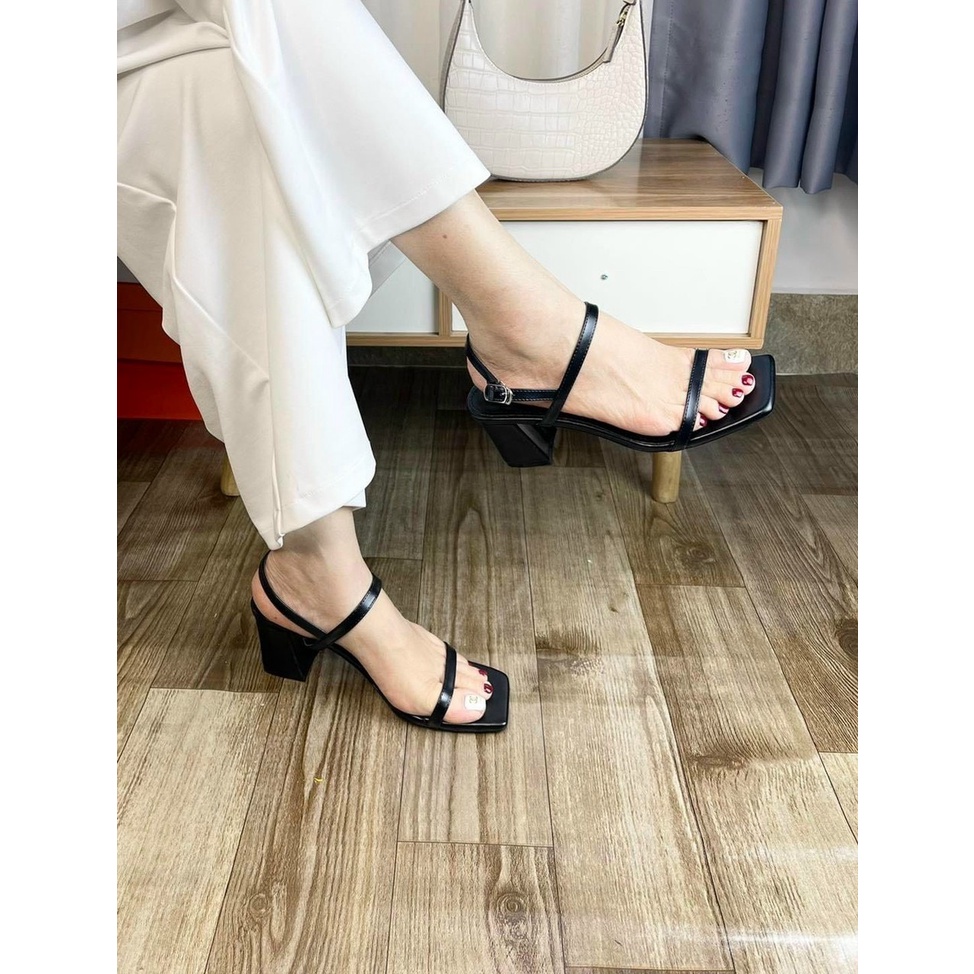 Sandal quai mảnh 2 cầu gót trụ mũi vuông mới - 7P