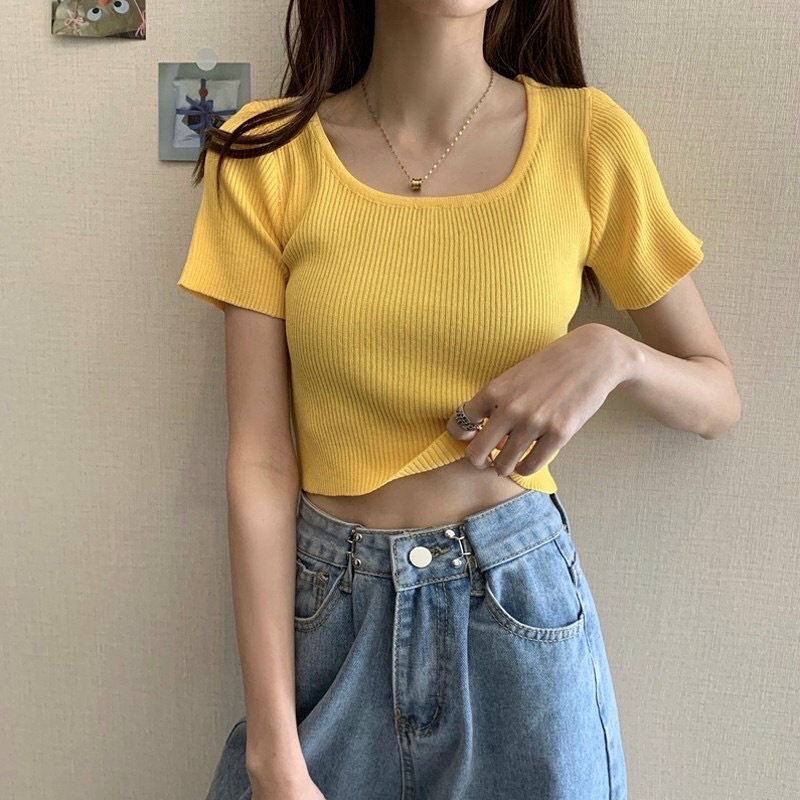 Áo thun gân len croptop ngắn tay cổ vuông đơn địu nhiều màu 🪴🪴🪴c