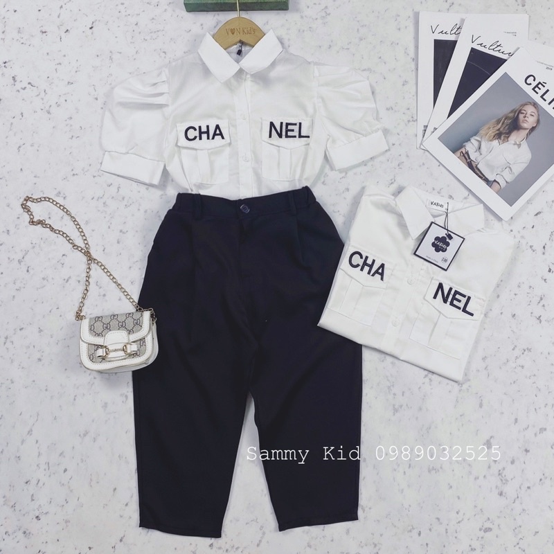 Set Sơ mi thêu cổ sen tay bồng Quần Baggy lỡ cho bé gái size đại 16-41kg basic nữ tính