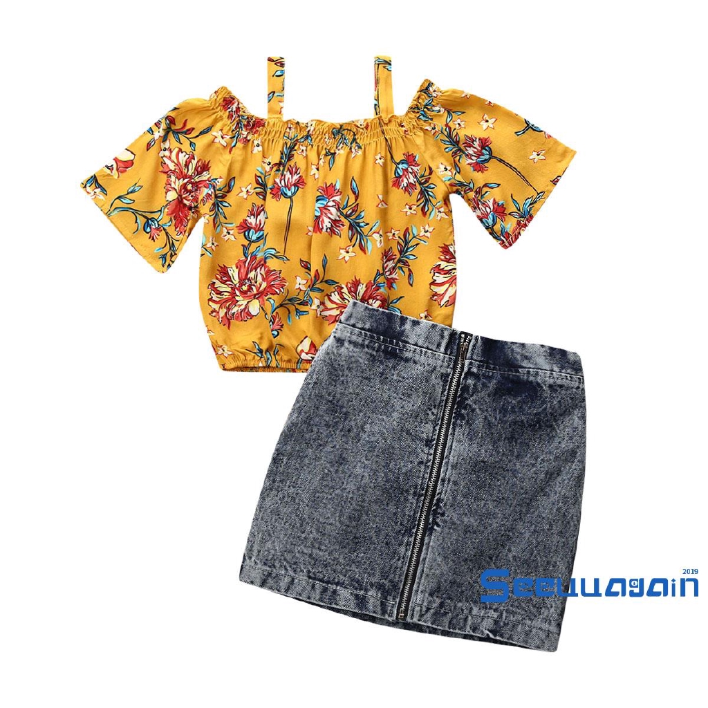 Set Áo Thun 3 Lỗ &amp; Chân Váy Denim Cho Bé Gái