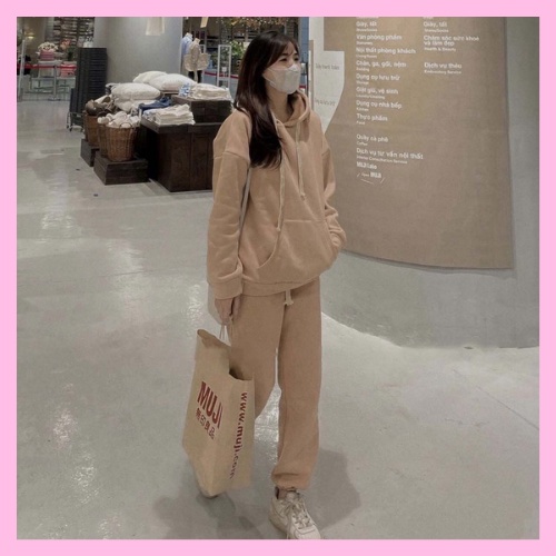 Set Nỉ Trơn Màu Nâu Nữ - Bộ Đồ Hoodie Có Mũ Quần Jogger Dáng Rộng Phong Cách Ullzang - HANHAN SHOP