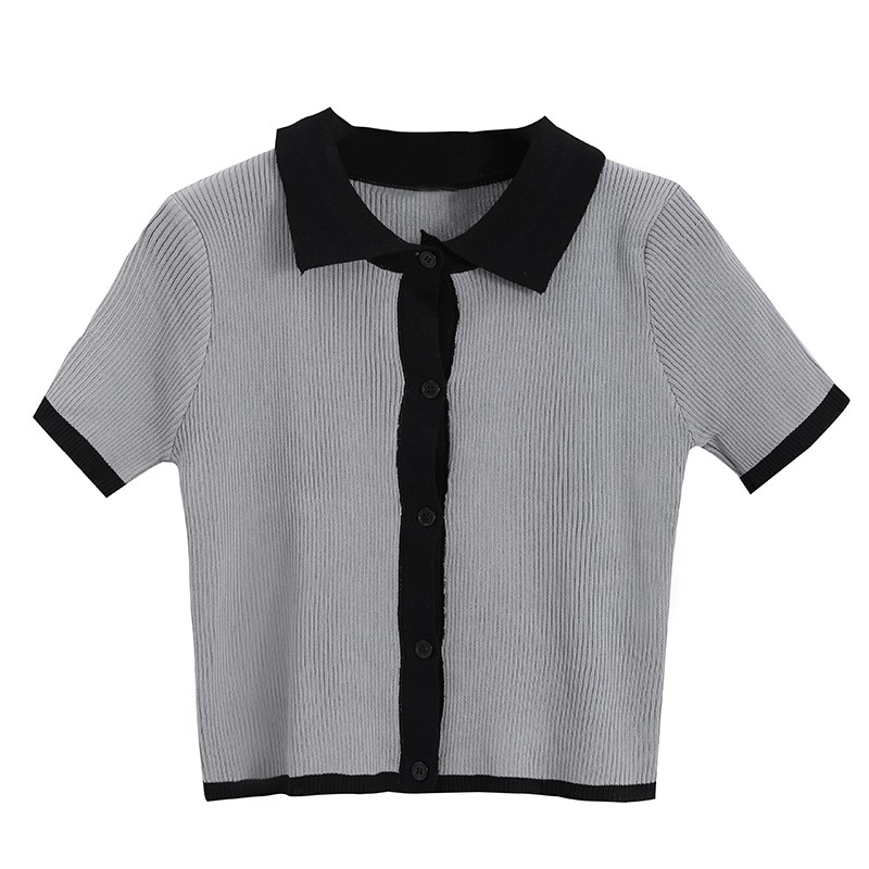 (HÀNG SẴN) Áo len nữ cộc tay dệt kim mỏng mùa hè thu cổ bẻ POLO phối viền 2 màu ôm body | BigBuy360 - bigbuy360.vn