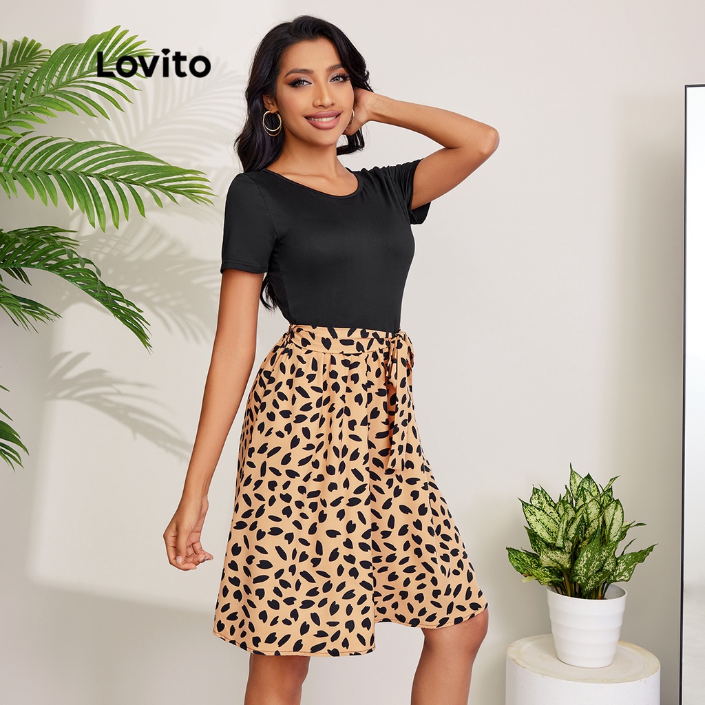 Đầm chữ A Lovito thiết kế tay ngắn may khâu thắt nút họa tiết da báo L27LD053 (nhiều màu sắc)