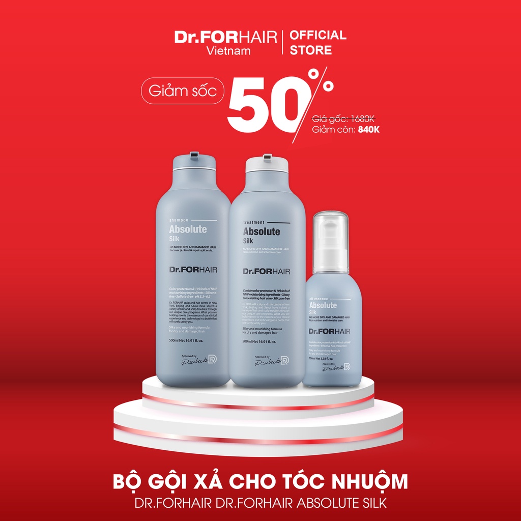 Bộ gội xả cho TÓC NHUỘM, giúp tóc MƯỢT MÀ, ÓNG Ả, phục hồi hư tổn Dr.FORHAIR Absolute Silk 500ml