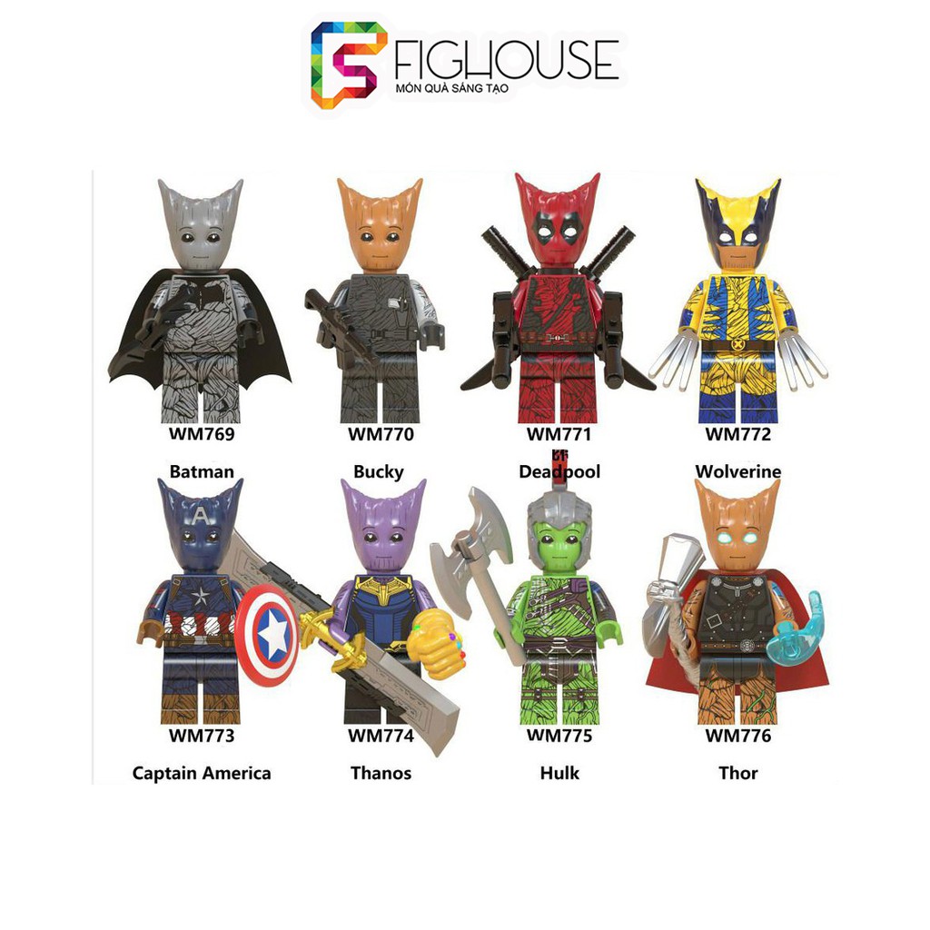 Xếp Hình Minifigures Groot Cosplay Các Nhân Vật Thanos, Thor, Batman, Deadpool - Đồ Chơi Lắp Ráp WM6070 [A14]