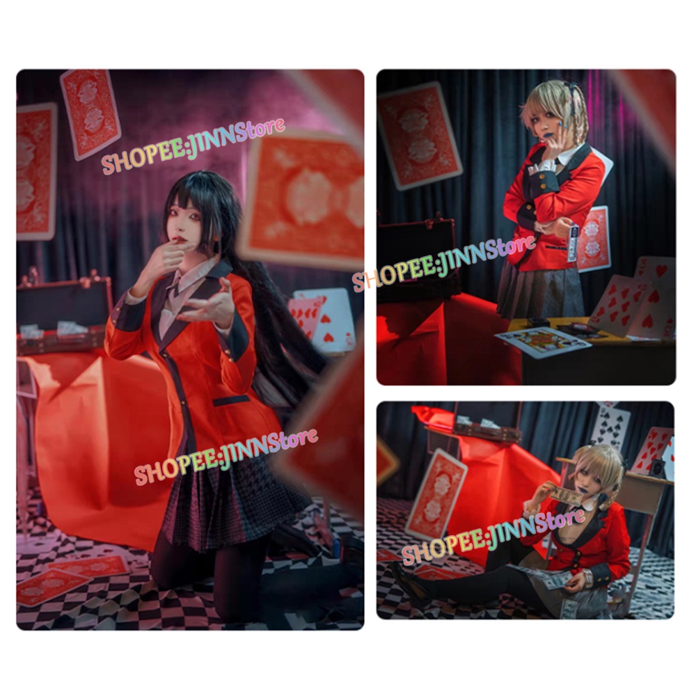 Quần áo hóa trang nhân vật Nhật Bản Anime KAKEGURUI Jabami Yumeko màu đỏ váy xếp ly và tóc giả (có bán lẻ)