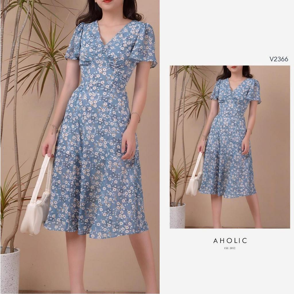 Đầm voan hoa 2 màu nhún ngực dáng midi AHOLIC V2366