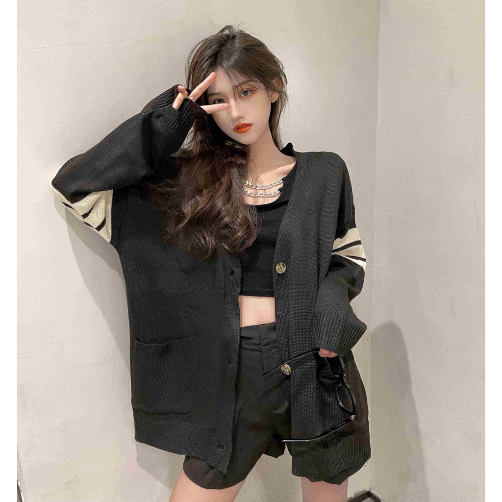 Porozi  Áo Khoác Cardigan Dệt Kim Cổ Chữ V Họa Tiết Kẻ Sọc Phong Cách Hàn Quốc Cho Nữ