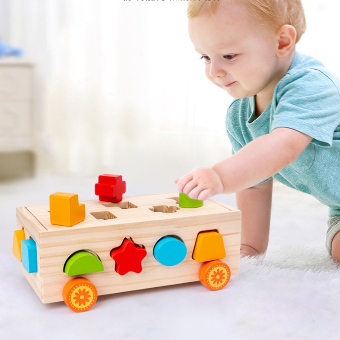 Đồ chơi xe kéo thả hình khối, chữ số bằng gỗ cho bé Đồ chơi thông minh Bapkids