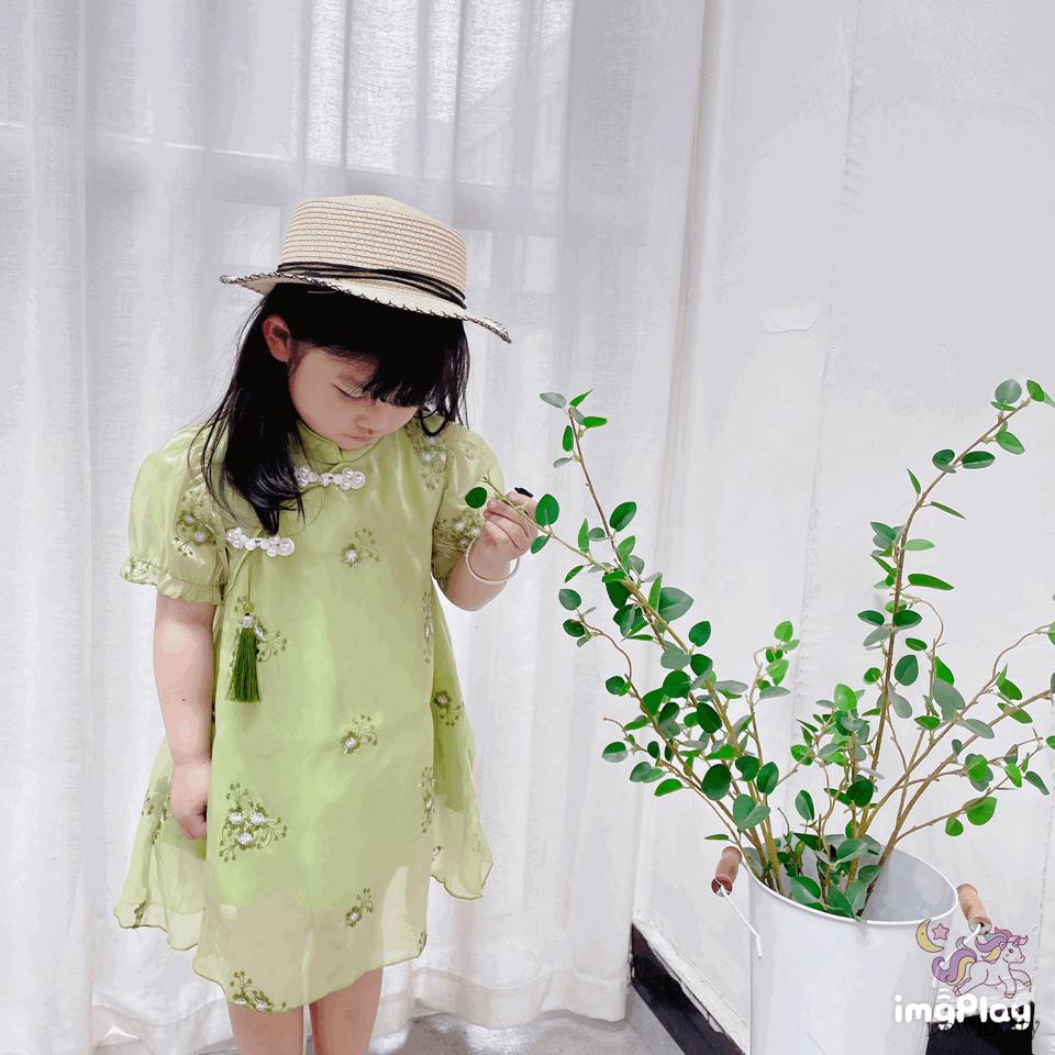 Đầm Sườn Xám Phối Lưới Thiết Kế Phong Cách Trung Hoa Dễ Thương Thời Trang Mùa Hè Cho Bé Gái