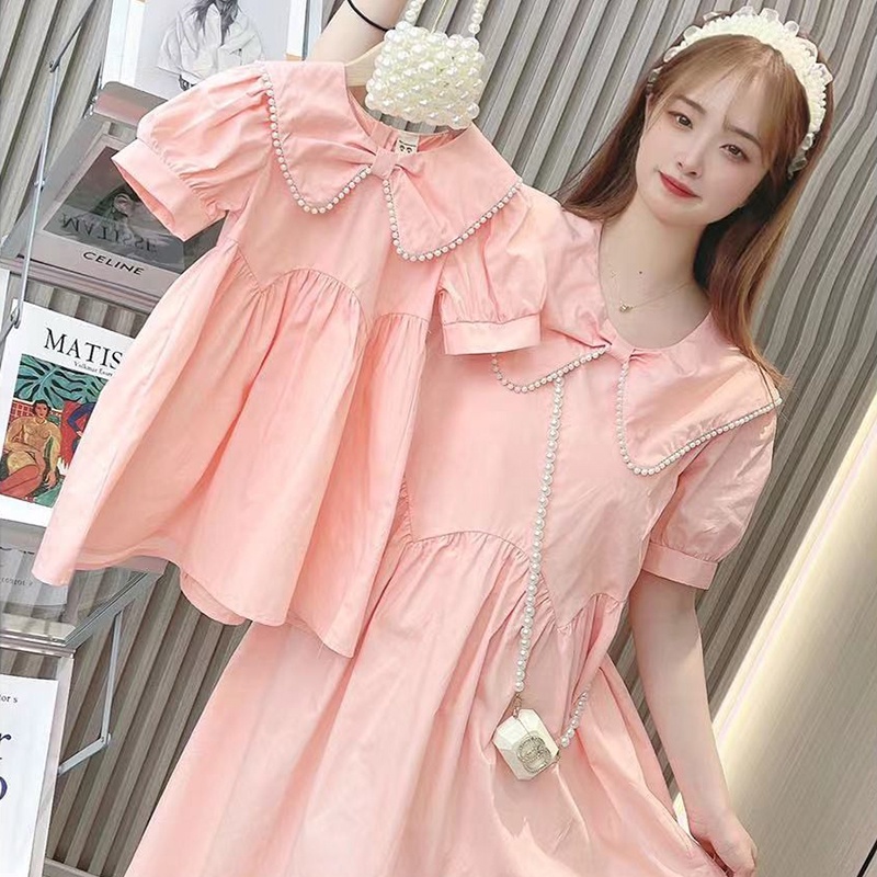 Đầm Công Chúa Tay Phồng Cổ Đính Nơ Dễ Thương Thời Trang Mùa Hè Cho Mẹ Và Bé