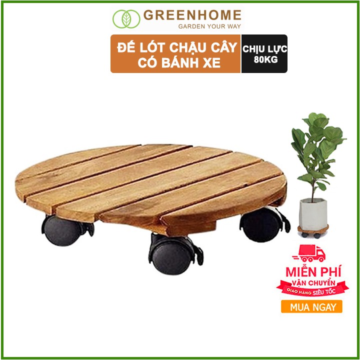 Đế lót chậu cây có bánh xe, hình tròn, màu nâu, bằng gỗ, chịu lực 80kg, R30xC8cm |Greenhome