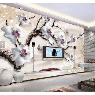 Tranh 3D dán phòng khách cành đào đẹp