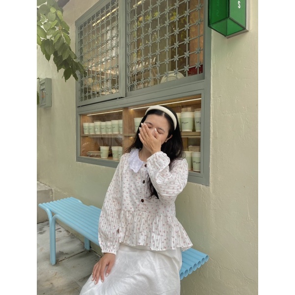 Áo babydoll hoa nhí phối ren cổ + cvay xoè dáng dài