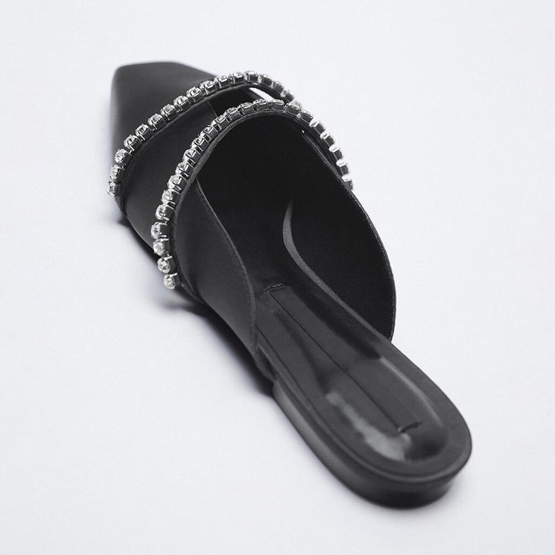 2022 mùa xuân và mùa hè mới đáy phẳng mules Pháp bán đường mòn đầu vuông rhinestone giày dép nữ