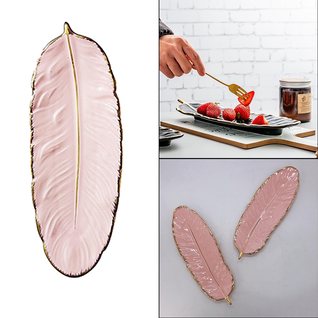 Đĩa gốm đựng nữ trang đồ ăn thiết kế hình lá Chuối tráng men màu xanh ngọc lục bảo mạ vàng cao cấp trang trí nội thất