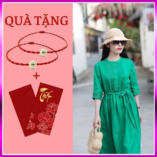 Váy Linen Dáng Xoè Eo Rút Tuỳ Chỉnh Xanh Lá